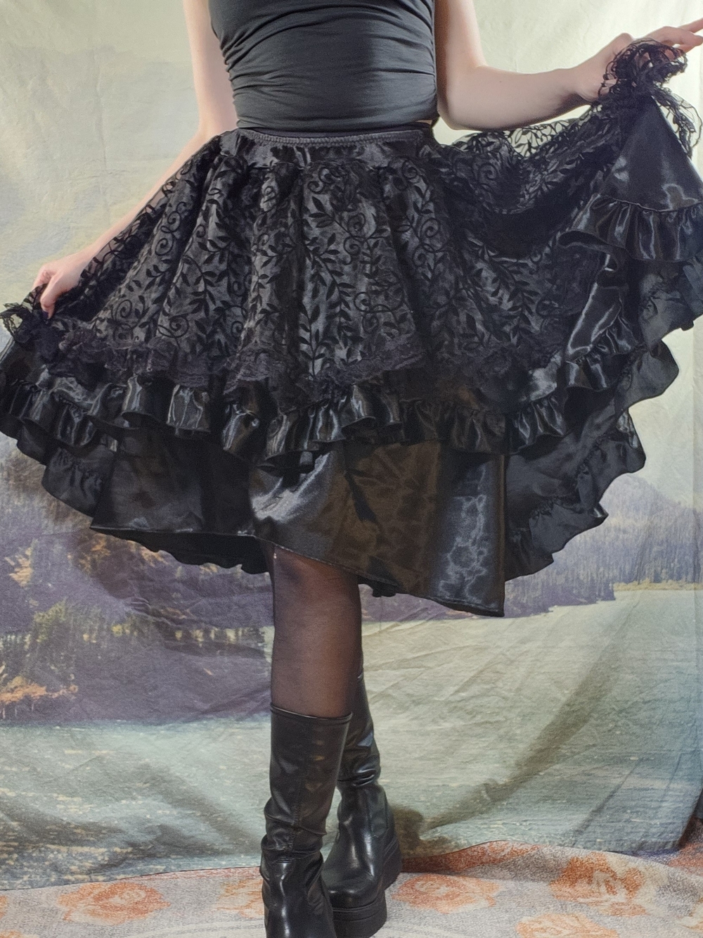Black High-Low Ruffle Satin & Velvet Lace Skirt